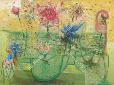 Manu Parekh (Artist), Green River, Red Flowers, 2002, Painting