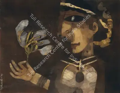Ganesh Pyne (Artist), Woman Smelling A Flower, 1977, Painting