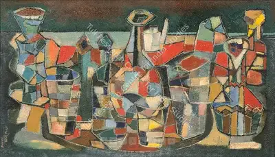 Bakre, S.K. (Artist). Bottles and glasses, n.d. | Painting, Bon.Lon/13.10.05