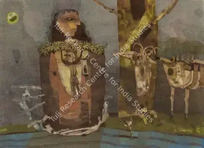 Pyne, Ganesh (Artist). Encounter in the Twilight Zone. Tempera on canvas, 1974 | Painting | EconomicsArt | 00872574
