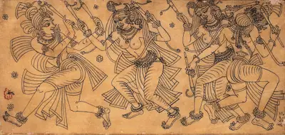 Bose, Nandalal (Artist). Dandiya Dance. Brush and ink on silk (pasted on paper), 1951 | Drawing | FineArts | 00755786