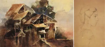 Manishi Dey (Artist), Landscape With Huts, Painting