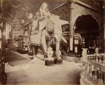 Shew Shankar Narayan (Photographer), The Jeypore Marble Vases, Paper Machie Elephant and Pottery Show case and the Burmese Funeral Pile, 1883, Antiquarian Photograph