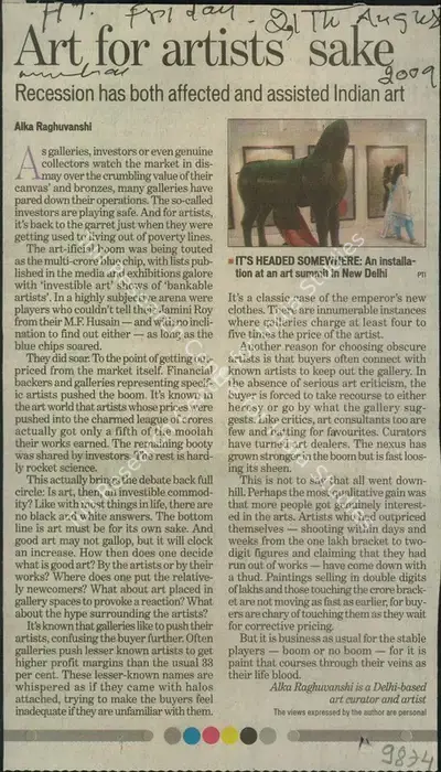 Alka Raghuvanshi (Reporter), Art For Artists Sake, 2009, Newspaper Clipping