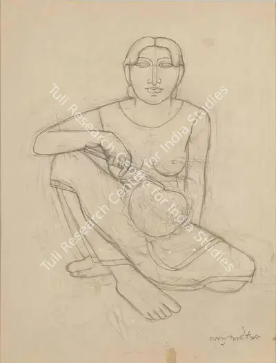 Lalu Prasad Shaw (Artist), Woman with pankha, 1995, Drawing