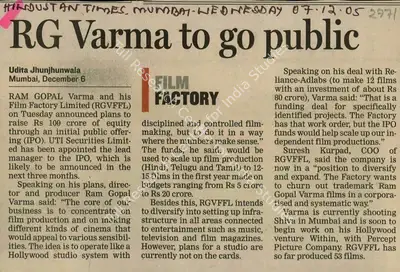 Udita Jhunjhunwala (Reporter), RG Verma to go Public, 2005, Newspaper Clipping