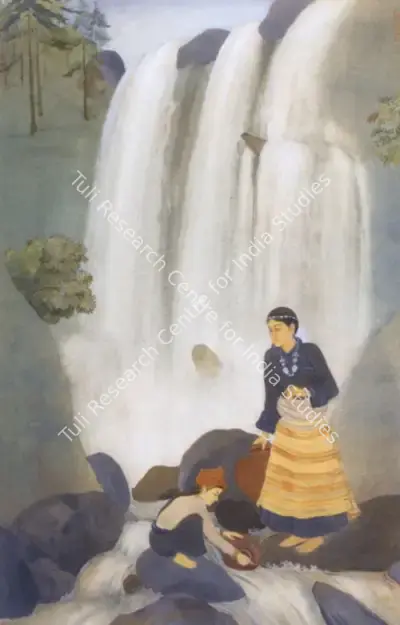 Bengal School (Artist), Mother And Child Fetching Water, A Waterfall Beyond, 1920, Painting