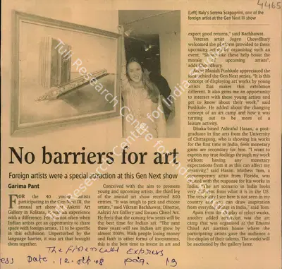 Garima Pant (Reporter), No Barriers for Art, 2008, Newspaper Clipping