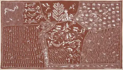Jivya Soma Mashe (Artist), Untitled (Harvesting the Paddies) (Warli Painting), Painting