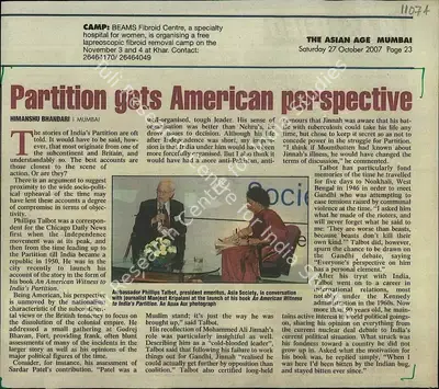 Himanshu Bhandari (Reporter), Partition Gets American Perspective, 2007, Newspaper Clipping
