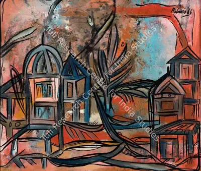 Lance Ribeiro (Artist), Untitled (Red Landscape with Dome), 1966, Painting