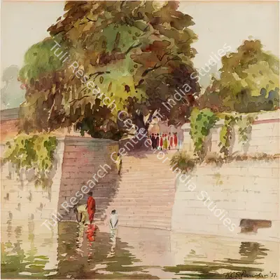 Paniker, K.C.S. (Artist). Thiruparan Kundram Bathing Ghat, 1937 | Painting, So.NeY/21.03.22, 2022 · Sotheby's