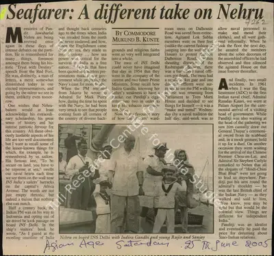 Mukund B. Kunte (Reporter), Seafarer: A Different take on Nehru, 2005, Newspaper Clipping
