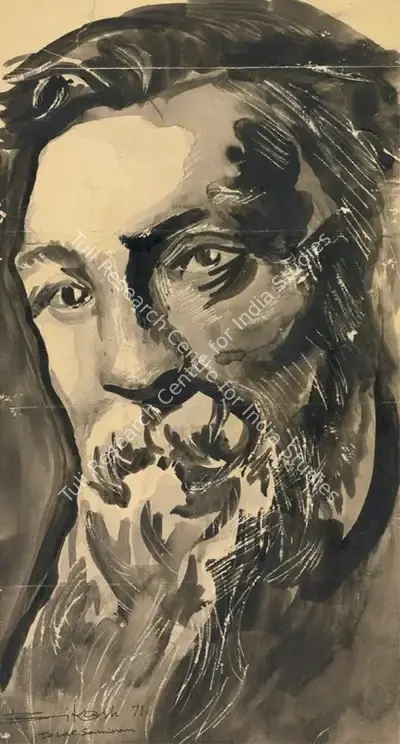 Bikash Bhattacharjee (Artist), Untitled (Portrait Of Rabindranath Tagore), 1971, Drawing