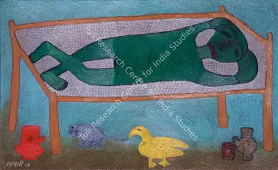 Madhavi Parekh (Artist), Man Sleeping on Charpayi, 1984, Painting