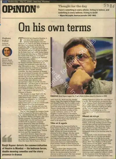 Shaheen Parkar (Reporter), On His Own Terms, 2006, Newspaper Clipping