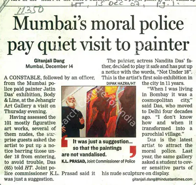 Gitanjali Dang (Writer), Mumbai's Moral Police Pay quiet Vistit to Painter, 2007, Newspaper clipping