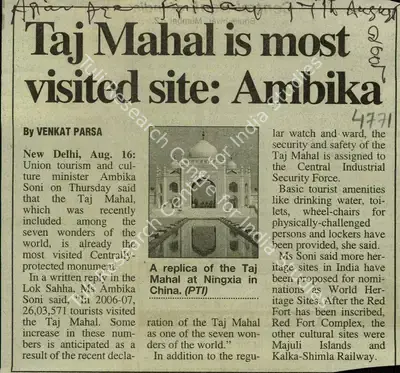 Venkat Parsa (Reporter), Taj Mahal is Most Visited site, 2007, Newspaper Clipping