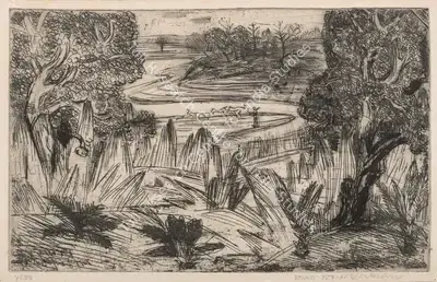B.B. Mukherjee (Artist), Landscape, 1940, Graphic Art