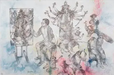 Sakti Burman (Artist), Artist painting Durga, 2006, Painting