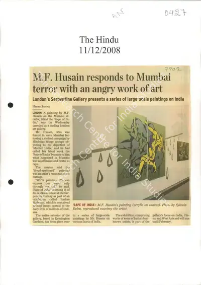 Hasan Suroor (Reporter), M. F. Husain Responds to Mumbai Terror with an Angry Work of Art, 2008, Newspaper Clipping