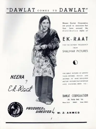 W.Z. Ahmed (Director), Ek Raat, 1942, Advertisement