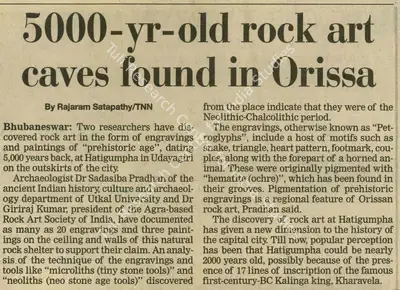 Rajaram Satapathy (Reporter), 5000-Yr-Old Rock Art Caves Found in Orissa, 2004, Newspaper Clipping