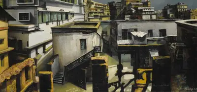 Bikash Bhattacharjee (Artist), Untitled (Rooftops), 1972, Painting