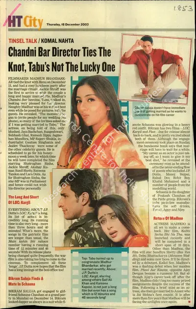 Komal Nahta (Reporter), Chandani Bar Director Ties the Knot, Tabu's Not the Lucky One, 2003, Newspaper Clipping