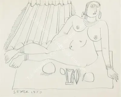 F.N. Souza (Artist), Untitled (Seated nude with objects), 1953, Drawing