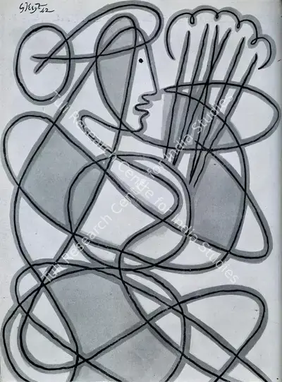 George Keyt (Artist), Line and Brush Study for Girl with Sheaf, 1942, Drawing