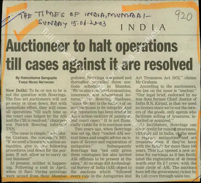Ratnottama Sengupta (Reporter), Auctioneer to Halt Operations Till Cases Against it are Resolved, 2003, Newspaper Clipping
