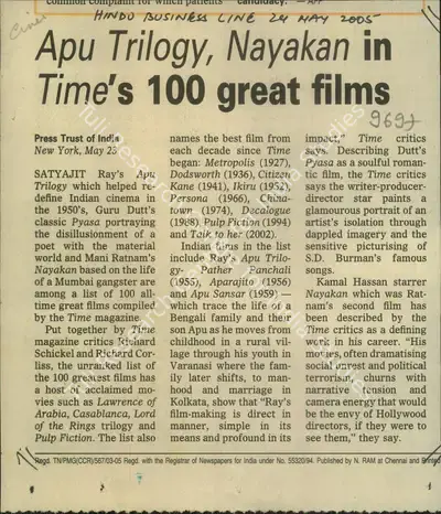 Apu Trilogy, Nayakan in Time's 100 Great Films, 2005, Newspaper Clipping