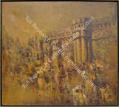 Sheshgiri Upendra Nayak (Artist), Town scene in orange, 1971, Painting
