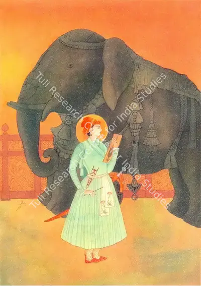 M.A.R. Chughtai (Artist), A Prince Holding a Brush and a painting standing by a Stone Elephant, Painting