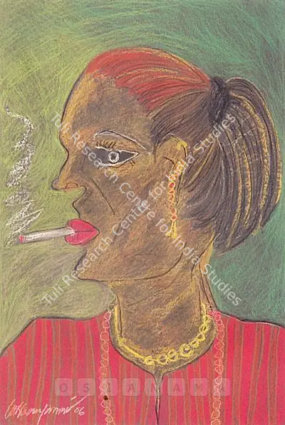 Sukla Sen Poddar (Artist), Lady Smoking A Cigarette, 2006, Drawing