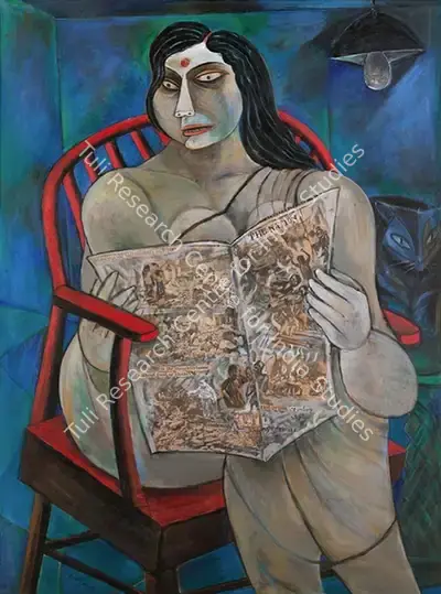 Paritosh Sen (Artist), Woman Reading a Newspaper, 1992, Painting