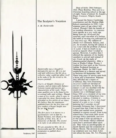 Adi M. Davierwalla (Essayist), The Sculptor's Vocation, 1979, Essay