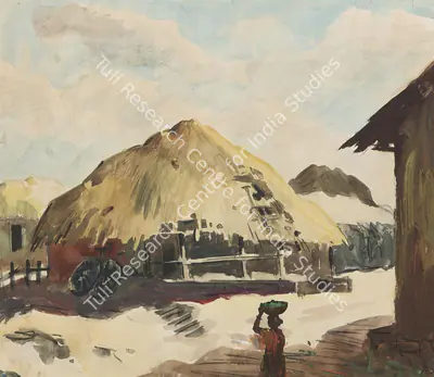 S.H. Raza (Artist), Untitled (Village Scene), 1944, Painting