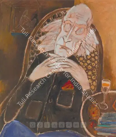 Paritosh Sen (Artist), Man On Cane Chair, 2004, Painting