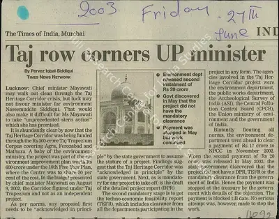 Pervez Iqbal Siddiqui (Reporter), Taj Row Corners UP Minister, 2003, Newspaper Clipping