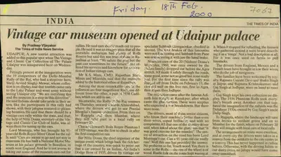 Pradeep Vijayakar (Reporter), Vintage car Museum Opened at Udaipur palace, 2000, Newspaper Clipping