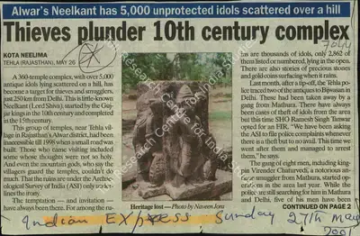 Kota Neelima (Reporter), Thieves Plunder 10th Century Complex, 2001, Newspaper Clipping