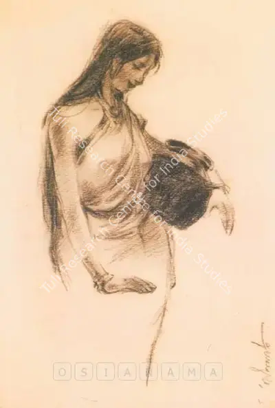 Ganesh Pyne (Artist), Woman With A Itcher, 1950, Drawing