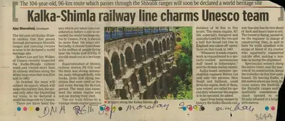 Ajay Bharadwaj (Reporter), Kalka-Shimla Railway Line Charms Unesco Team, 2007, Newspaper Clipping