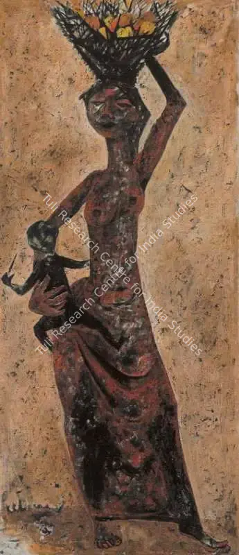 Krishen Khanna (Artist), Woman with A Basket of Fruit, 1957, Painting