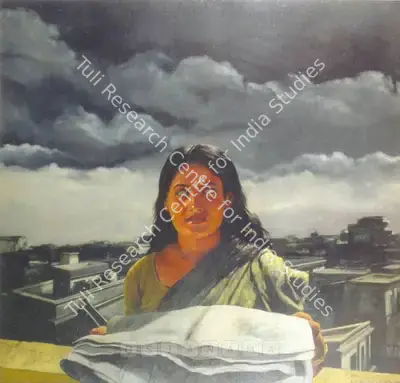 Bhattacharjee, Bikash (Artist). She With A Newspaper. Oil on canvas, 1981 | Painting | FineArts | 00599605