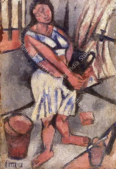 Subramanyan, K.G. (Artist). Woman at Tap. Oil on Canvas Mounted on Board, 1949 | K.G. Subramanyan, 2003 | Painting | FineArts | 00566314
