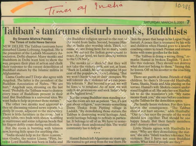 Smeeta Mishra Pandey (Reporter), Taliban's Tantrums Disturb Monks, Buddhists, 2001, Newspaper Clipping