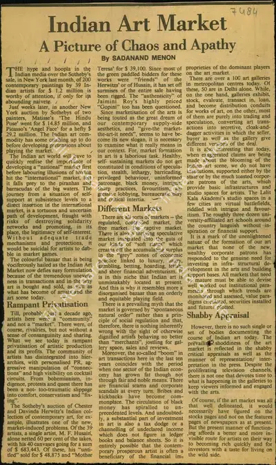 Sadanand Menon (Reporter), Indian Art Market, Newspaper Clipping